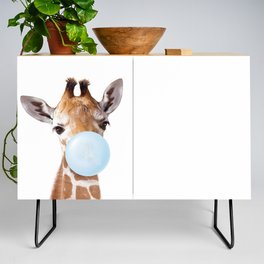 Baby Giraffe Blowing Blue Bubble Gum,  Baby Boy, Baby Animals Art Print by Synplus Credenza