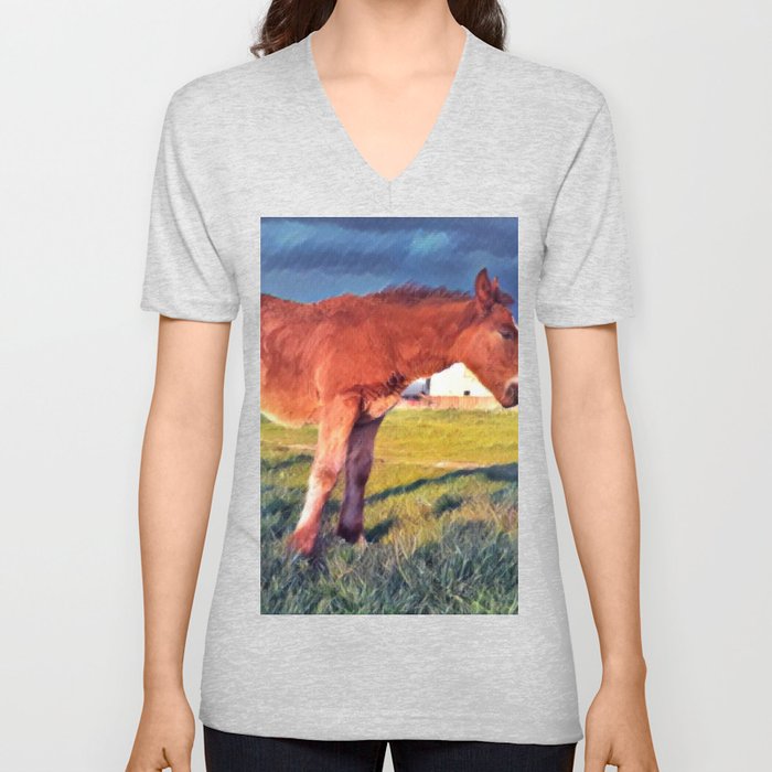 Colorful summer Brown horse foal pasture in the countryside at golden hour V Neck T Shirt