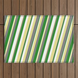 [ Thumbnail: Tan, Gray, Forest Green, and White Colored Stripes Pattern Outdoor Rug ]