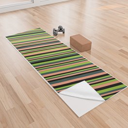 [ Thumbnail: Green, Dark Slate Gray, Light Salmon & Black Colored Stripes Pattern Yoga Towel ]
