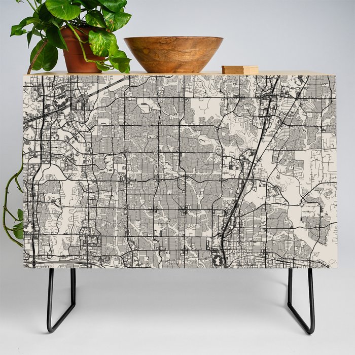 USA, Plano City Map Drawing - Black and White Credenza