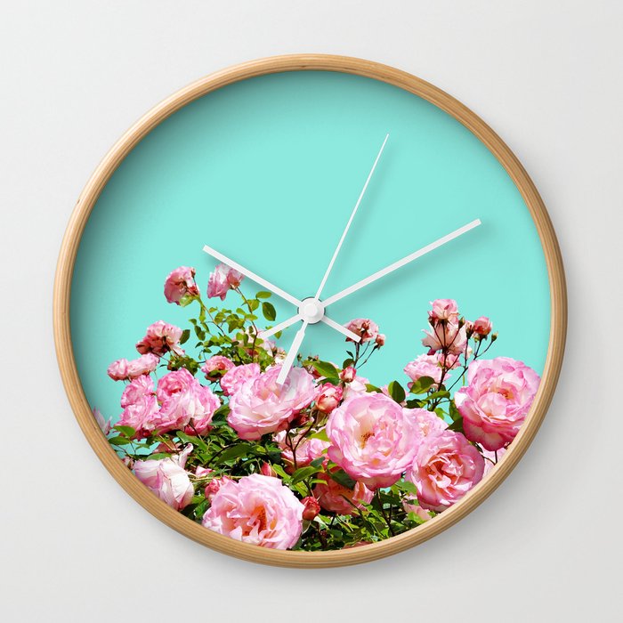 Blissful Rose Garden, Nature Botanical Photography Digital, Floral Summer Pop of Color Bohemian Wall Clock