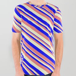 [ Thumbnail: Blue, Light Coral, and Light Yellow Colored Stripes Pattern All Over Graphic Tee ]