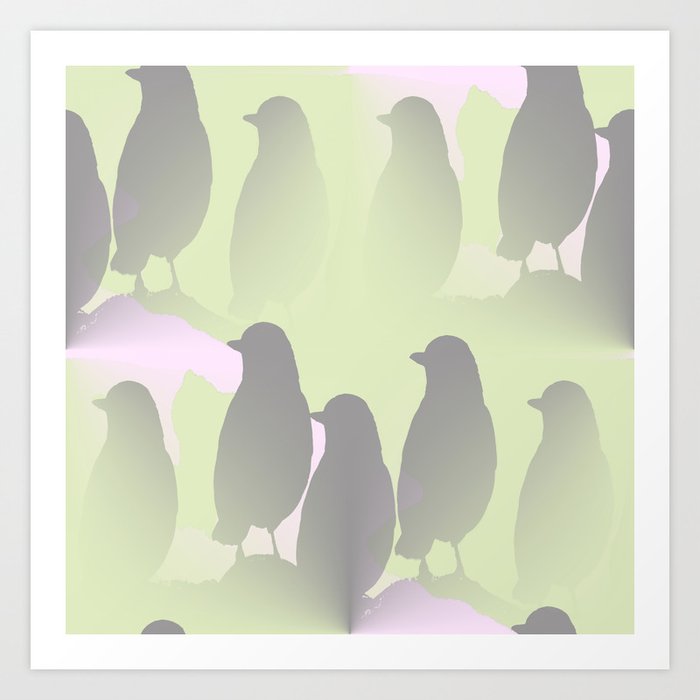 Spring Mood Singing Birds On A Green Pink Background Art Print