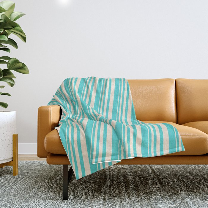 Beige and Turquoise Colored Lines Pattern Throw Blanket