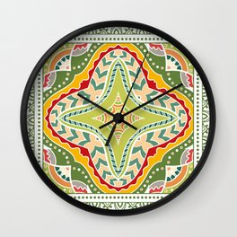 Decorative colorful background, geometric floral doodle pattern with ornate lace frame. Tribal ethnic mandala ornament. Bandanna shawl, tablecloth fabric print, silk neck scarf, kerchief design Wall Clock