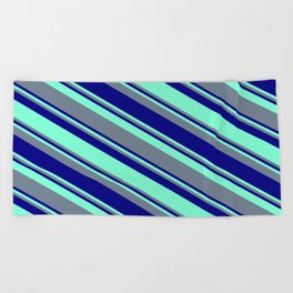 [ Thumbnail: Aquamarine, Slate Gray, and Blue Colored Pattern of Stripes Beach Towel ]
