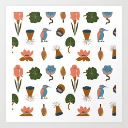 Vector illustration with flowers, leaves and kingfisher Art Print