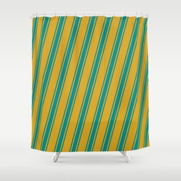[ Thumbnail: Goldenrod & Dark Cyan Colored Lines Pattern Shower Curtain ]