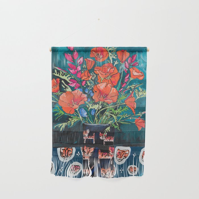 California Poppy and Wildflower Bouquet on Emerald with Tigers Still Life Painting Wall Hanging