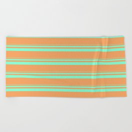 [ Thumbnail: Aquamarine and Brown Colored Lined Pattern Beach Towel ]