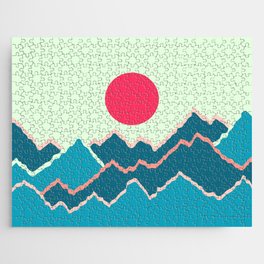 Vibrant Sun Rising Over Serene Mountains Minimalist Abstract Nature Art In Tropical Essence Color Palette Jigsaw Puzzle