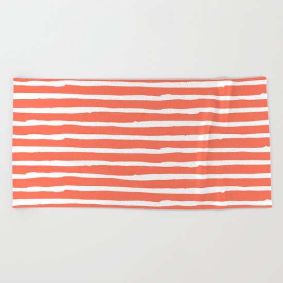 Thin Stripes White on Deep Coral Beach Towel
