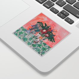 Cockatoo Vase - Bouquet of Flowers on Coral and Jungle Sticker