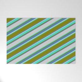 [ Thumbnail: Green, Blue, Light Gray & Turquoise Colored Striped Pattern Welcome Mat ]
