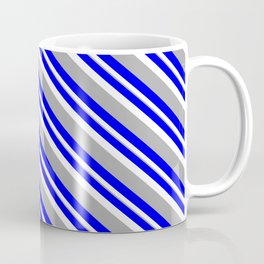 [ Thumbnail: Blue, White, and Dark Grey Colored Lined/Striped Pattern Coffee Mug ]