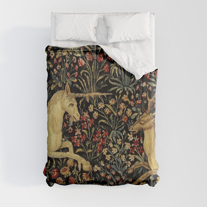 Medieval Unicorn Midnight Floral Garden Duvet Cover