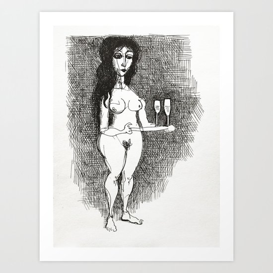 Beautiful nude carrying tray of wine glasses. Art Print