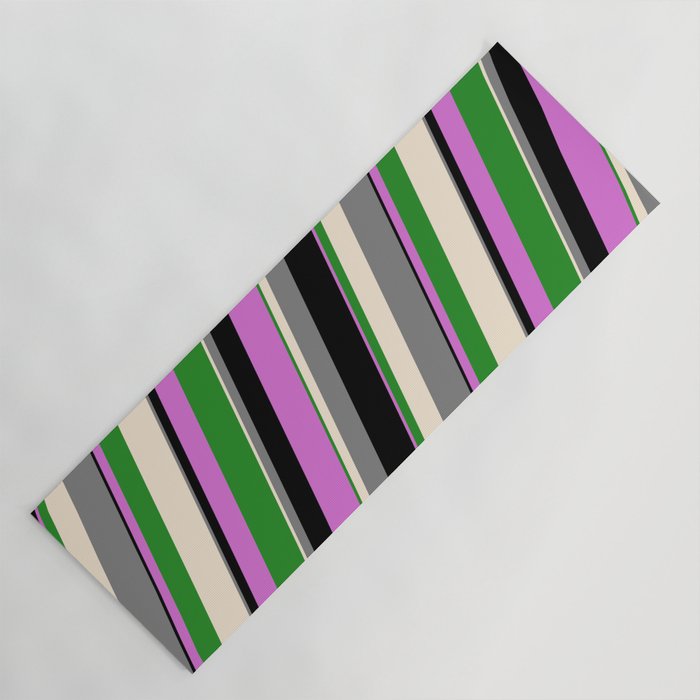 Vibrant Beige, Gray, Black, Orchid & Forest Green Colored Stripes Pattern Yoga Mat
