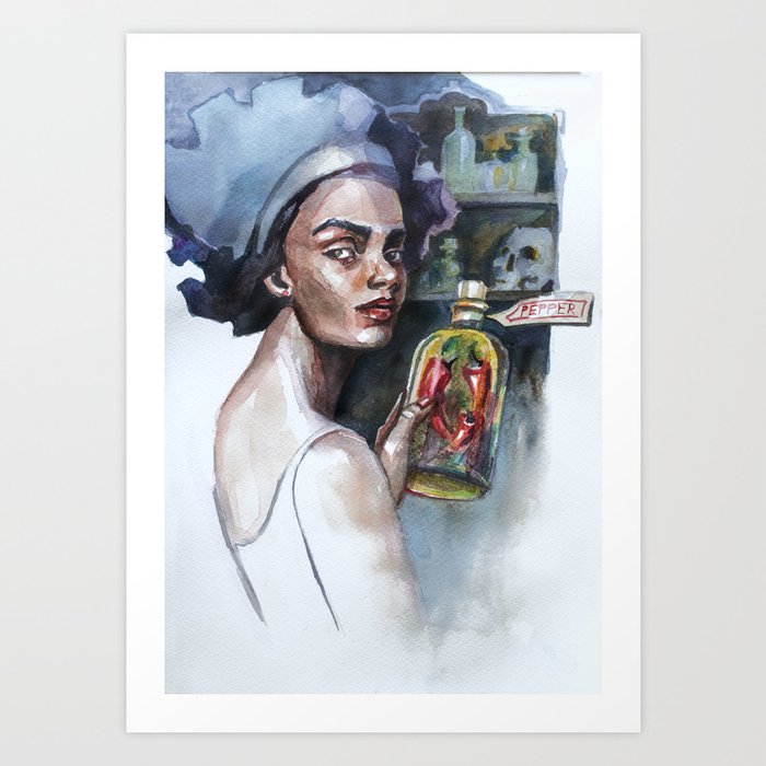 Watercolor illustration "Voodoo Pepper". Girl with witchy supplies, herbs and red hot chilies in the Art Print