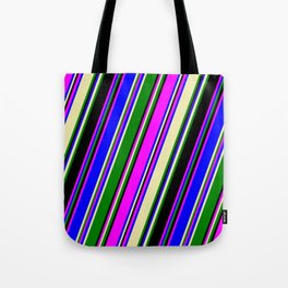 [ Thumbnail: Eye-catching Fuchsia, Blue, Pale Goldenrod, Green, and Black Colored Pattern of Stripes Tote Bag ]