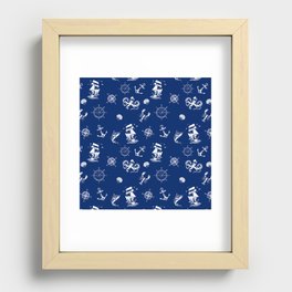 Blue And White Silhouettes Of Vintage Nautical Pattern Recessed Framed Print