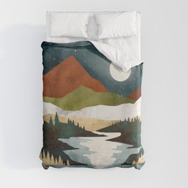 Fall Vista Duvet Cover | Moon, Graphicdesign, Fall, Gold, Lake, Digital, Mountains, Stars, Landscape, Wilderness 