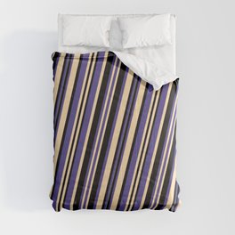[ Thumbnail: Dark Slate Blue, Tan & Black Colored Pattern of Stripes Comforter ]