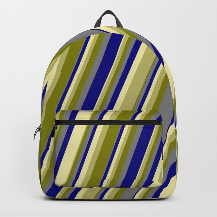Colorful Pale Goldenrod, Dark Khaki, Green, Grey & Blue Colored Lines/Stripes Pattern Backpack