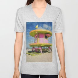 Miami Beach - South Beach lifeguard house art deco pink beach pavilion portrait painting modern art V Neck T Shirt