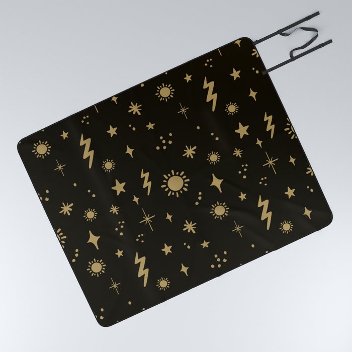 Black and Gold Celestial Night Sky Sun Pattern Picnic Blanket