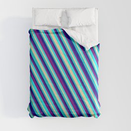 [ Thumbnail: Eye-catching Purple, Aqua, Tan, Dark Turquoise, and Dark Blue Colored Stripes/Lines Pattern Comforter ]