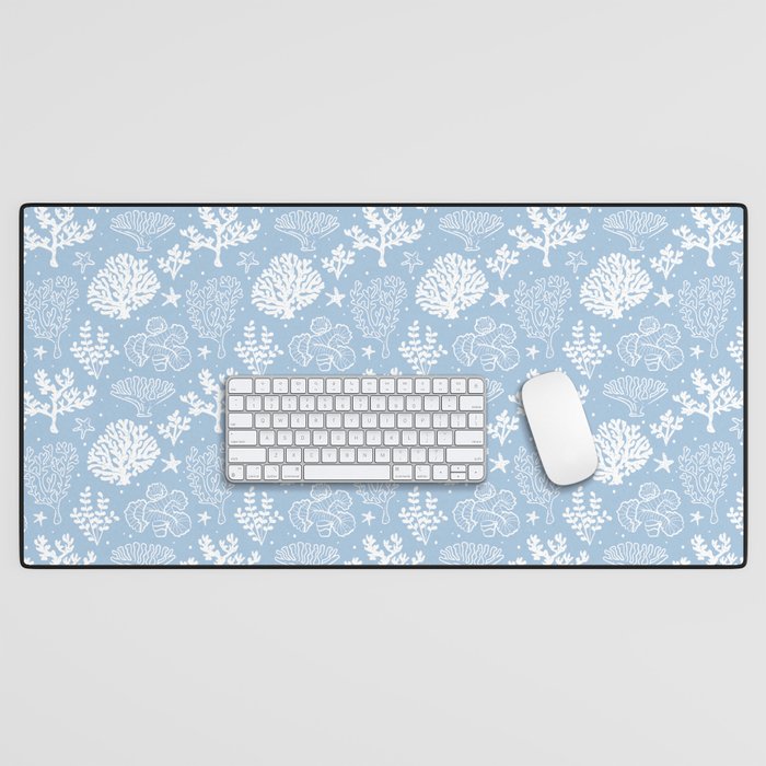 Pale Blue And White Coral Silhouette Pattern Desk Mat