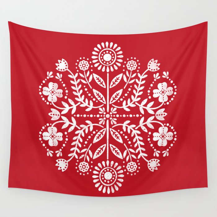 Vintage Christmas Floral Stamp - Scandinavian Folk Art Pattern Wall Tapestry