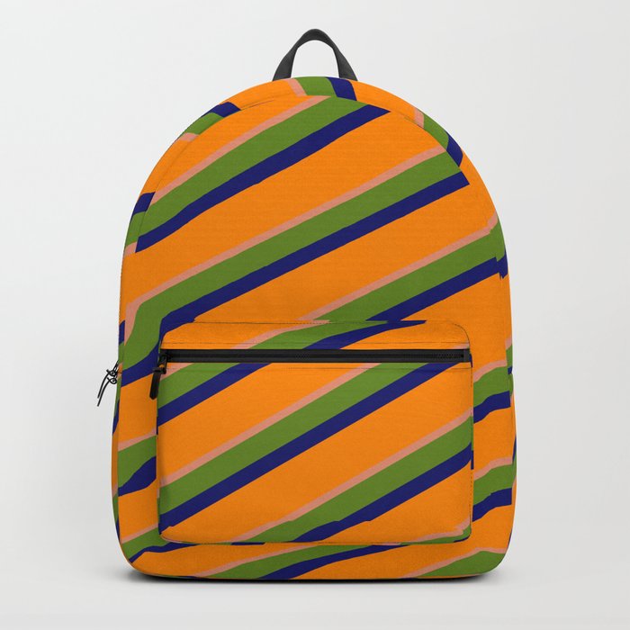 Green, Midnight Blue, Dark Orange & Dark Salmon Colored Lines/Stripes Pattern Backpack