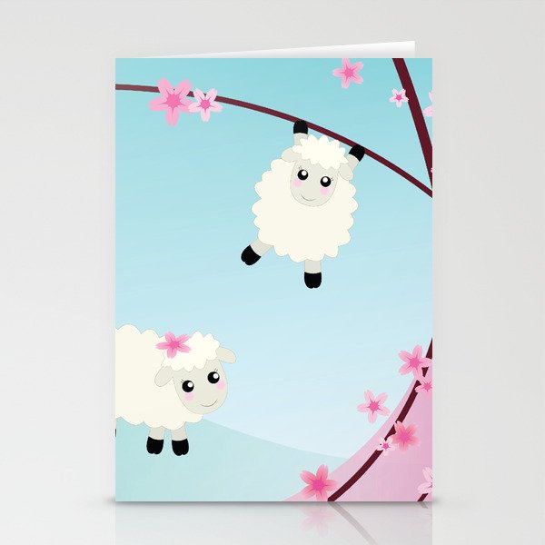 Spring Cherry Blossom and Sheep Graphic Art Stationery Cards