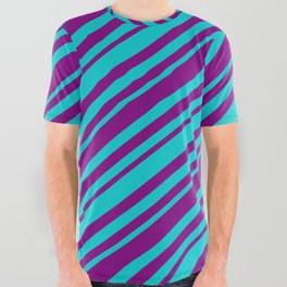 [ Thumbnail: Purple and Dark Turquoise Colored Lines/Stripes Pattern All Over Graphic Tee ]