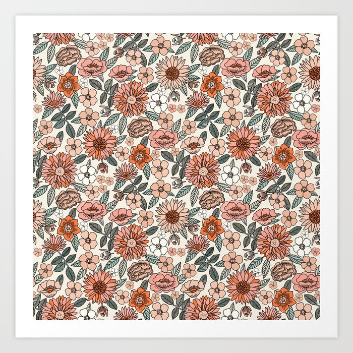 70s flowers - 70s, retro, spring, floral, florals, floral pattern, retro flowers, boho, hippie, earthy, muted Art Print