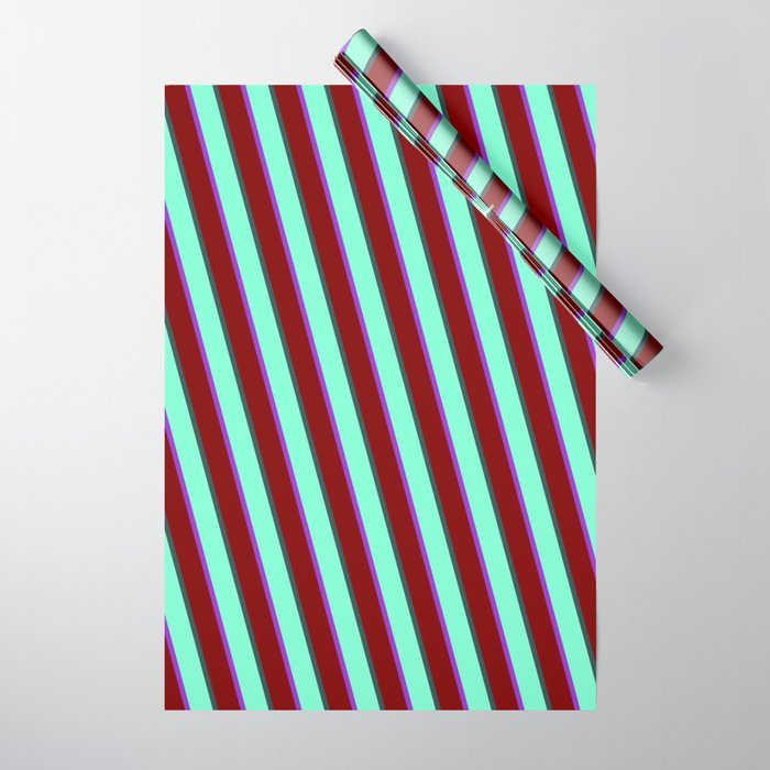 Dark Slate Gray, Aquamarine, Dark Orchid, and Maroon Colored Stripes Pattern Wrapping Paper