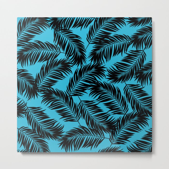 Palm Frond Tropical Décor Leaf Pattern Black on Cyan Vivid Arctic Blue Metal Print