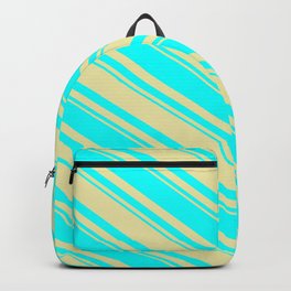 [ Thumbnail: Pale Goldenrod and Cyan Colored Striped/Lined Pattern Backpack ]