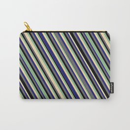 [ Thumbnail: Eye-catching Dark Sea Green, Tan, Midnight Blue, Dim Gray & Black Colored Lines Pattern Carry-All Pouch ]