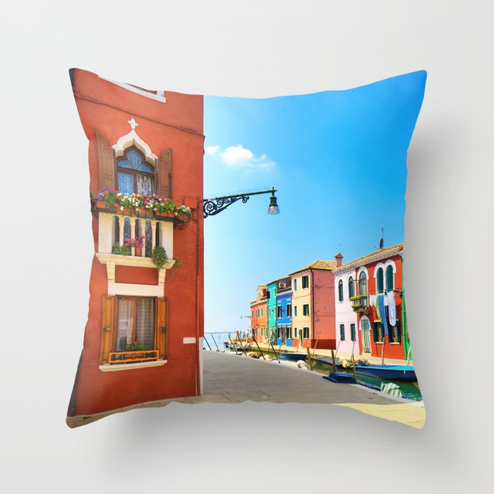 Burano island, colorful houses and boats Throw Pillow