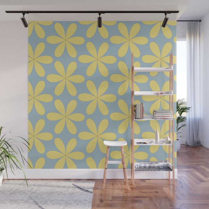 Yellow floral pattern on blue II Wall Mural