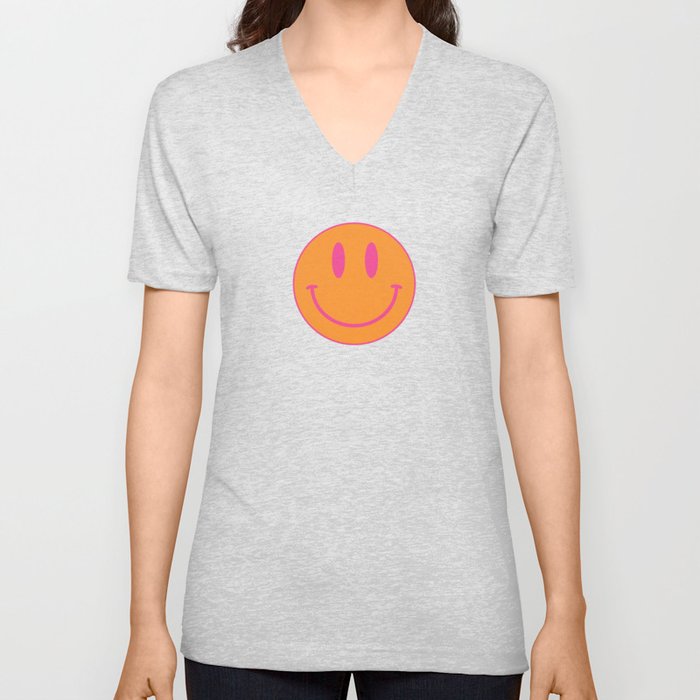 Large Pink and Orange Groovy Smiley Face Pattern - Retro Aesthetic  V Neck T Shirt