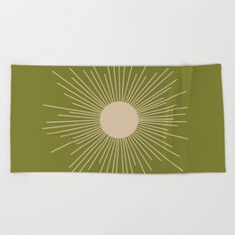 Mid-Century Modern Sunburst II - Minimalist Sun in Mid Mod Beige and Olive Green Beach Towel