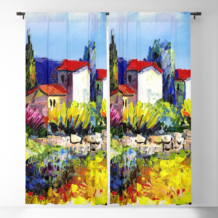 Mediterranean villa colorful tropical countryside garden and flowers flora and fauna landscape acrylic painting Blackout Curtain