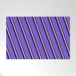 [ Thumbnail: Light Salmon, Blue, and Slate Blue Colored Stripes Pattern Welcome Mat ]