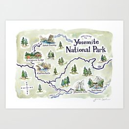 Yosemite National Park watercolor map Art Print