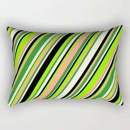 [ Thumbnail: Eyecatching Chartreuse, Light Salmon, Forest Green, Beige & Black Colored Striped/Lined Pattern Rectangular Pillow ]